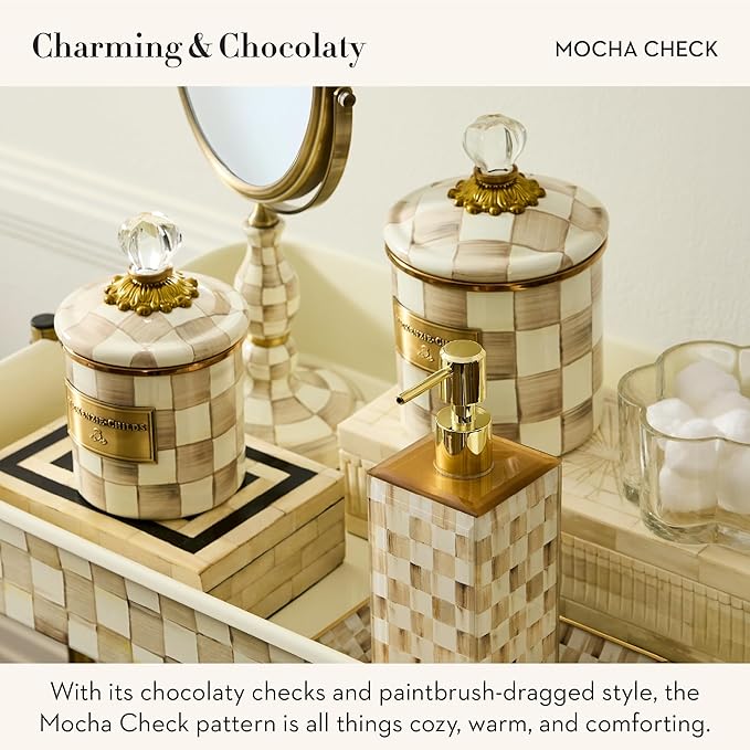 MACKENZIE-CHILDS Glass Tissue-Box Cover, Boutique Bathroom Decor, Brown-and-White Mocha Check