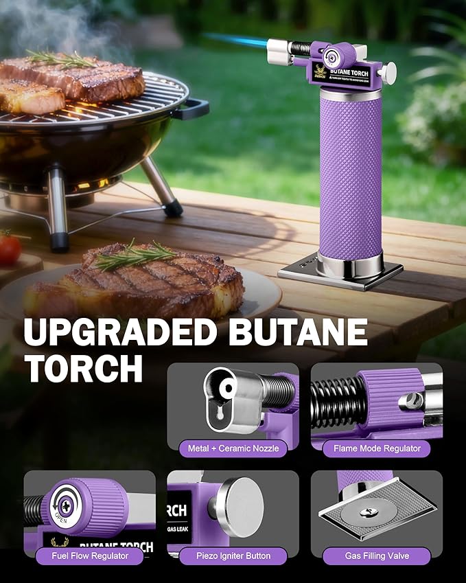 RAVS 2 Flame Mode Butane Torch Lighter, Refillable Kitchen Torch with Adjustable Flame & Safety Buckle, Metal Body Cooking Torch for Baking, BBQ, Purple Soldering Torch Butane Gas Not Included