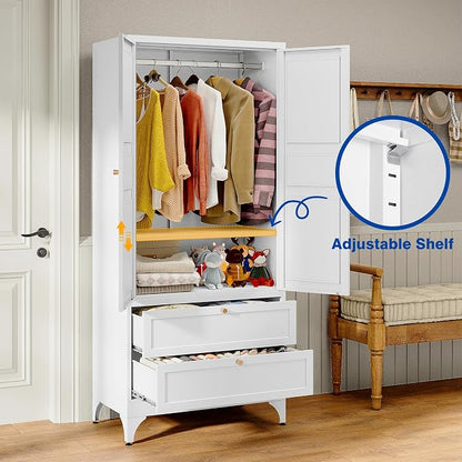 BYNSOE Metal Armoire Wardrobe Closet with 2 Drawers 72'' Wardrobe Cabinet with Drawers and Hanging Rail Metal Closet with Adjustable Shelves for Bedroom. (White, with 2 Drawers)