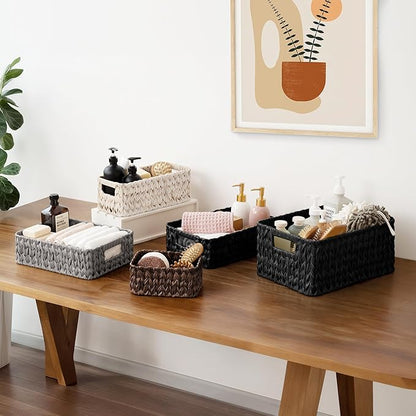 GRANNY SAYS Wicker Baskets for Organizing, Wicker Storage Basket for Shelf, Woven Baskets Oraganizer, Waterproof Vanity Basket for Towel, Home Organization, Black, 3-Pack