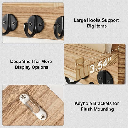 Key Holder for Wall, Decorative Key and Mail Holder with Shelf Has Large Key Hooks for Bags, Coats – Paulownia Wood Key Hanger with Mounting Hardware (9.8”W x 6.7”H x 4.2”D) (Burnt Wood)