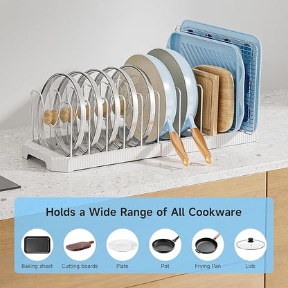 MUDEELA Pots and Pans Organizer under Cabinet, Expandable Rack with Pot Lid Holder and 12 Adjustable Dividers, Pan Organizers inside Cabinet for Kitchen Organization, Cutting Boards, Baking Sheets