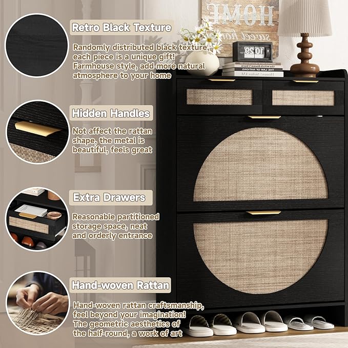 Rattan Shoe Storage Cabinet with 2 Flip Drawers & 2 Drawers, Freestanding Organizer for Front Door Entrance, Hidden Narrow Shoe Rack Cabinet Storage for Entryway, Black