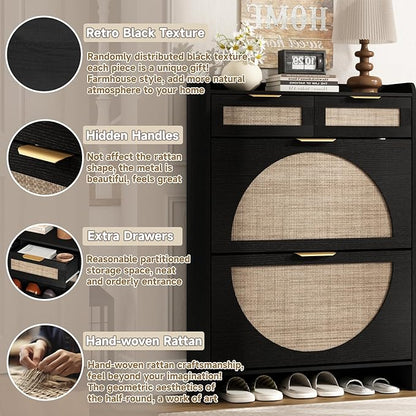 Rattan Shoe Storage Cabinet with 2 Flip Drawers & 2 Drawers, Freestanding Organizer for Front Door Entrance, Hidden Narrow Shoe Rack Cabinet Storage for Entryway, Black