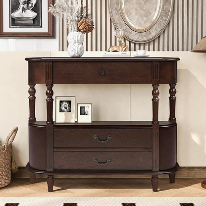 HMFULE Solid Wood Retro Curved Console Table, 43" Half Moon Console Table Sofa Table Entryway Table with 3 Drawers Open Shelf Pine Roman Legs Curved Corners for Living Room,Entryway,Hallway,Espresso