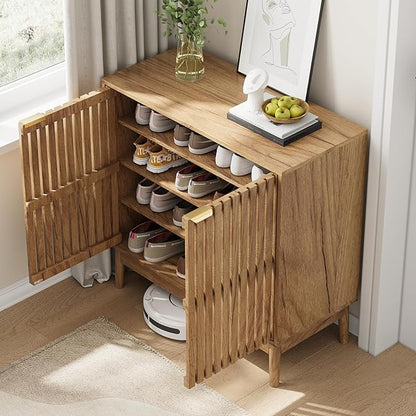 Shoe Storage Cabinet with Ventilated Slatted Doors, Wooden Shoe Organizer, Shoes Rack for Entryway, Hallway, Living Room