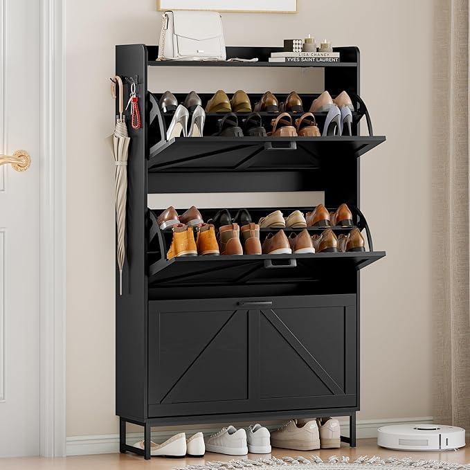Shoe Cabinet Storage for Entryway, Shoe Storage Cabinet with 3 Flip Drawers, Freestanding Narrow Shoe Rack Organizer with Metal Legs for Foyer, Hallway, Black