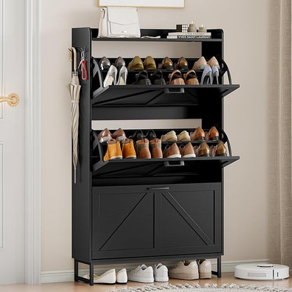 Shoe Cabinet Storage for Entryway, Shoe Storage Cabinet with 3 Flip Drawers, Freestanding Narrow Shoe Rack Organizer with Metal Legs for Foyer, Hallway, Black
