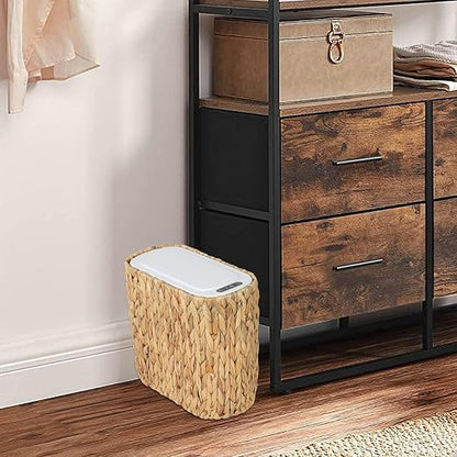 Trongee Boho Kitchen Trash Can with Lid,3.5 Gallon Automatic Small Rattan Trash Can,Slim Wicker Motion Sensor Garbage Can and Hamper 2 in 1 for Bathroom,Narrow Waste Basket for Office, Living Room