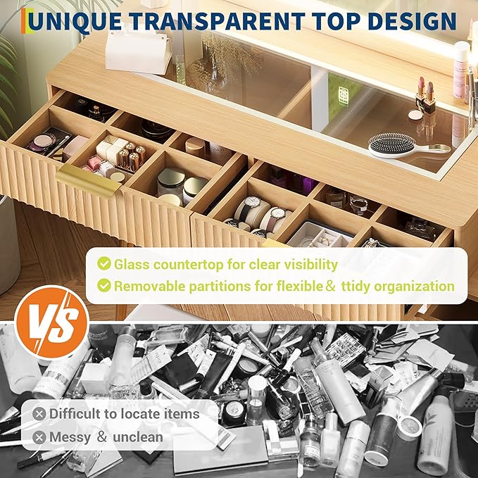 Vanity Desk with Mirror and Lights, 48" Makeup Vanity Table with 4 Drawers, 3-Shelves, Charging Station, Glass Top, 3 Color Modes & Adjustable Brightness, Modern Dressing Table Set for Bedroom - Oak