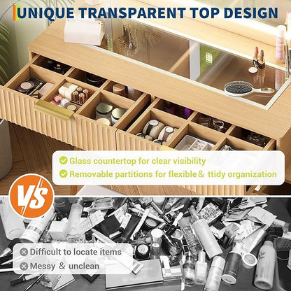Vanity Desk with Mirror and Lights, 48" Makeup Vanity Table with 4 Drawers, 3-Shelves, Charging Station, Glass Top, 3 Color Modes & Adjustable Brightness, Modern Dressing Table Set for Bedroom - Oak