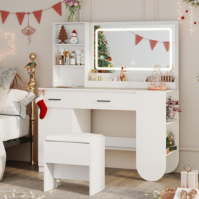 GOODONE 47'' Wood Vanity Desk with Mirror and Lights, Makeup Girls Vanity Set with 2 Drawers, 2 Storage Shelves & 1 Cabinet, Power Outlet, Stool, Dressing Table for Bedroom, White