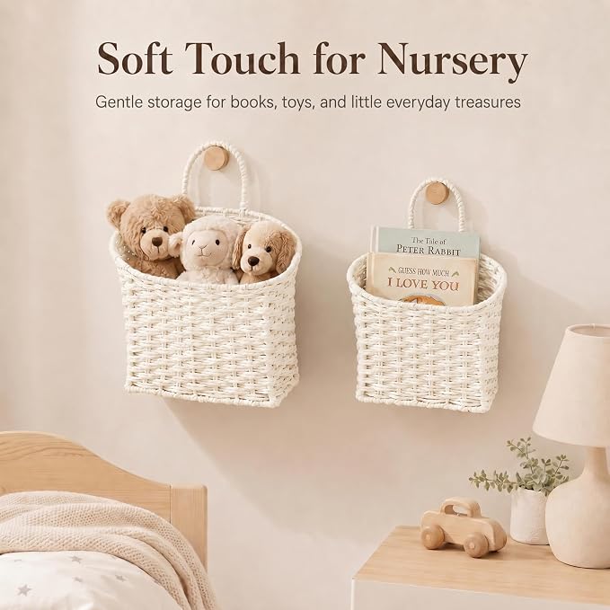Coeusy Hanging Basket, Paper Roper Wall Basket for Laundry,Entryway,Nursery,Bathroom, Large Door Basket for Flowers,Planters,Mail,White