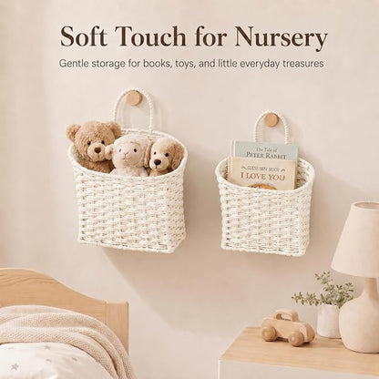 Coeusy Hanging Basket, Paper Roper Wall Basket for Laundry,Entryway,Nursery,Bathroom, Large Door Basket for Flowers,Planters,Mail,White