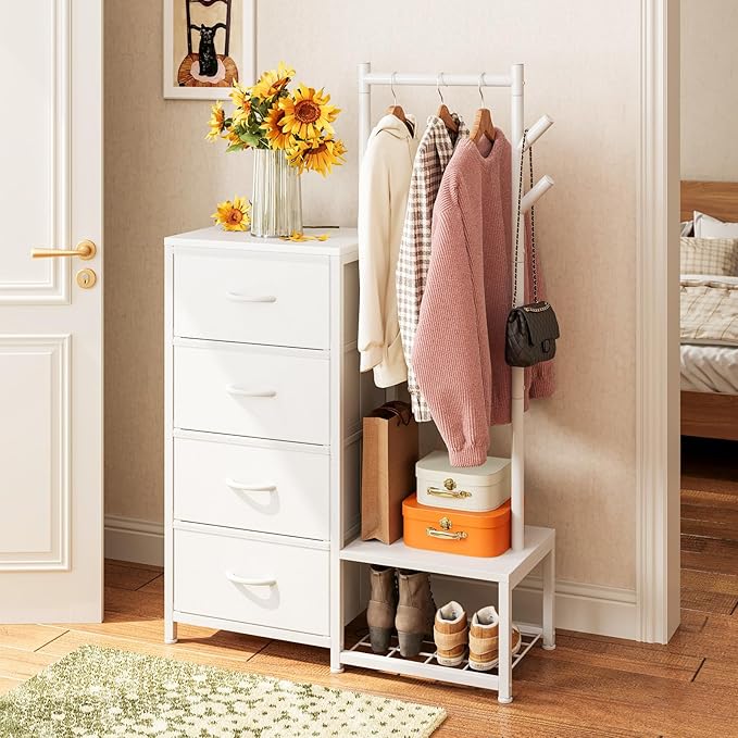 KKL Small Dresser for Bedroom with Clothes Hanging Rack, Reversible Bedroom Dresser with Shoe Rack & 4 Fabric Drawers, 3-in-1 Storage Chest of Drawers with Storage Shelves & Tree Hooks, White