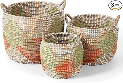 Laundry Basket, 3 Pack Seagrass Baskets, Handwoven Woven Laundry Hamper with Handles, 56L, 28L, 15L for Decor Storage of Dirty Clothes,Toys and Blankets in Bathroom, Nursery, Living Room