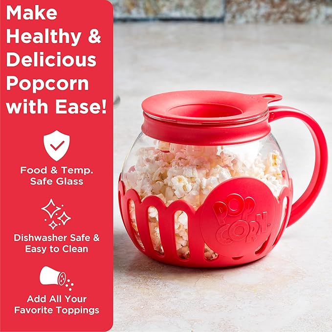 Ecolution Patented Micro-Pop Microwave Popcorn Popper with Temperature Safe Glass, 3-in-1 Lid Measures Kernels and Melts Butter, Made Without BPA, Dishwasher Safe, 1.5-Quart, Red (Pack of 4)