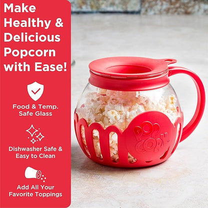 Ecolution Patented Micro-Pop Microwave Popcorn Popper with Temperature Safe Glass, 3-in-1 Lid Measures Kernels and Melts Butter, Made Without BPA, Dishwasher Safe, 1.5-Quart, Red (Pack of 4)