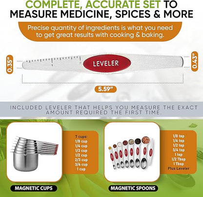 Spring Chef Magnetic Measuring Cups & Spoons Set, Patented, Strong N45 Magnets, Heavy Duty Stainless Steel Fits in Spice Jars for Baking & Cooking, BPA Free, Round Set of 15 with Leveler, Red