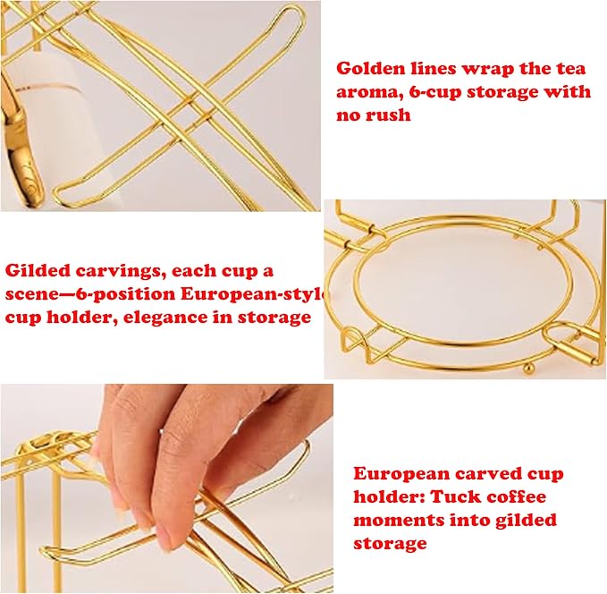 6-Hook Metal Teacup Holder Stand, Gold versatile tea cup stand and organizer for your kitchen counter. This elegant mug tree provides stylish storage and drying for cups, perfect for daily use（2 pack）