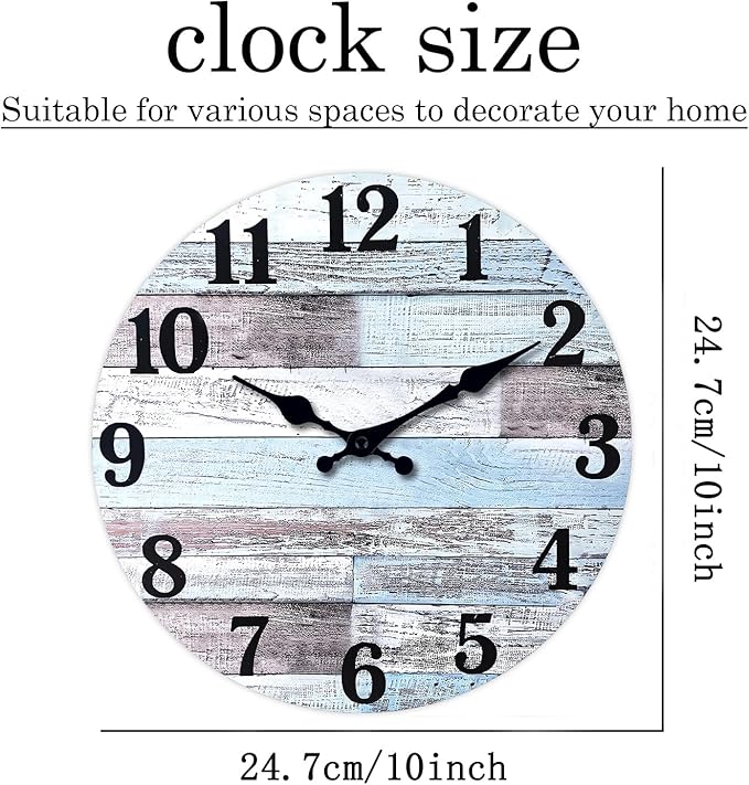 XNM 10 Inch Wood Farmhouse Clock for Bedroom Battery Powered Clock for Wall Quiet Wall Clock No Ticking(No Solid Wood, It is with MDF Material)