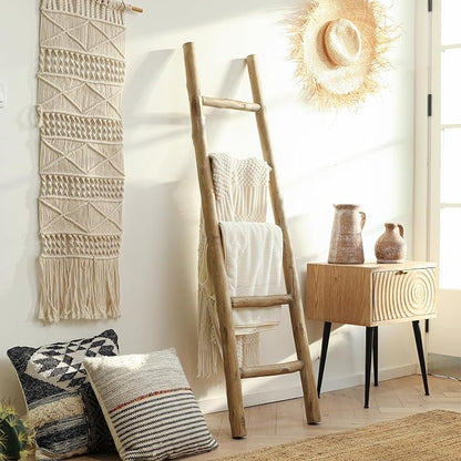 FUIN Fully Assembled 57in Wood Blanket Ladder Living Room Decorative Wall Leaning Farmhouse Quilt Display Holder Rustic Wooden Towel Rack for Bathroom