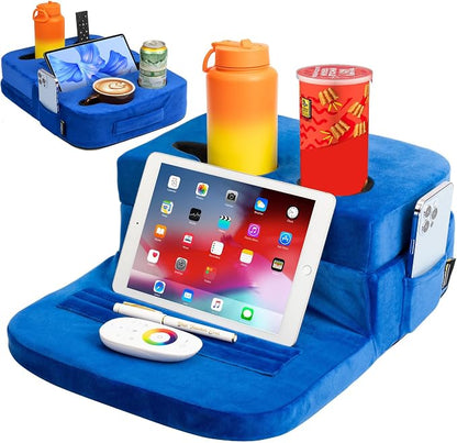 TabCouchCaddy - Couch Cup Holder Tray Pillow - Bed, Couch Caddy, Sofa, RV & Car - Holds Drinks, Snacks, Remotes, Phones, Kindle, Tablet | Bed Cup Holder (Blue)