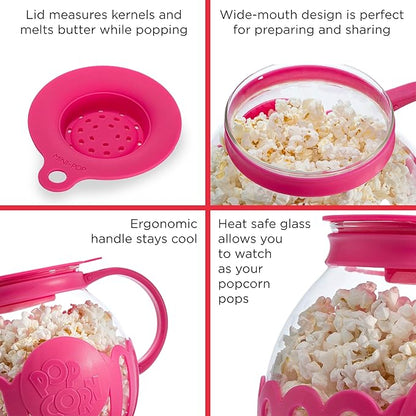 Ecolution Patented Micro-Pop Microwave Popcorn Popper with Temperature Safe Glass, 3-in-1 Lid Measures Kernels and Melts Butter, Made Without BPA, Dishwasher Safe, 1.5-Quart, Pink