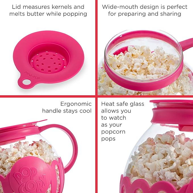 Ecolution Patented Micro-Pop Microwave Popcorn Popper with Temperature Safe Glass, 3-in-1 Lid Measures Kernels and Melts Butter, Made Without BPA, Dishwasher Safe, 1.5-Quart, Pink (Pack of 4)