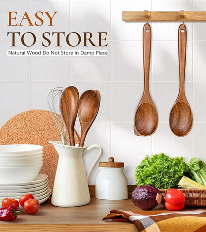 2Pcs Wooden Spoons for Cooking, Natural Premium Teak Wood Spoon & Corner Spoon, Good Grip Large Cooking Spoons Spatula, Heat Resistant Wooden Kitchen Cooking Utensils Set for Nonstick Cookware