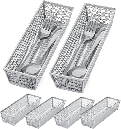 Neudeco Silverware Organizer, Silver, 9 * 3 * 2 inch, Pack 6 | Mesh Drawer Organizer, Metal Utensil Organizer, For Flatware, Knives, Spoons, Cosmetic