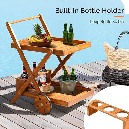 VINGLI 2-Tier Acacia Wood Bar Cart, Rolling Bar Carts with Wheels, Kitchen Serving Tea Cart for Plant Stand Indoor and Outdoor