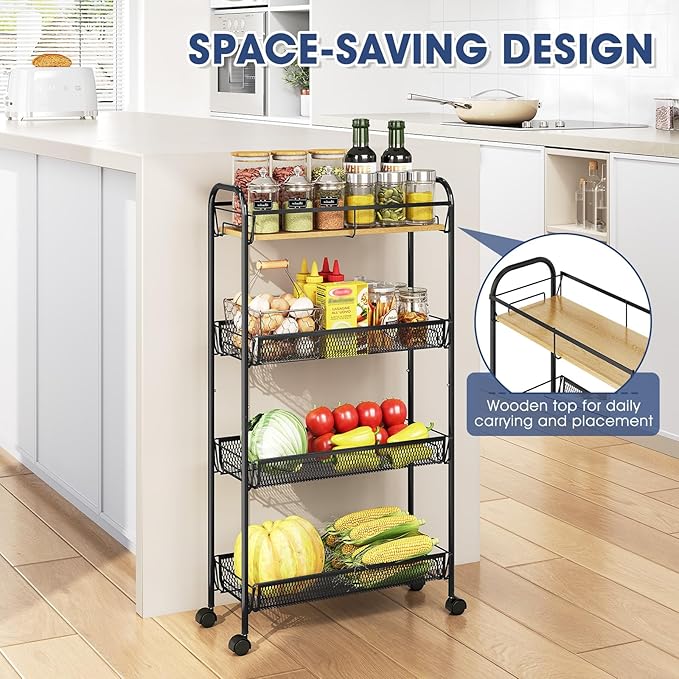 TOOLF 4-Tier Slim Rolling Cart, Metal Utility Cart, Slide Out Storage Cart with Wooden Tabletop and Mesh Baskets for Narrow Space on Kitchen Bathroom Laundry Room Bedroom Apartments Dormitory