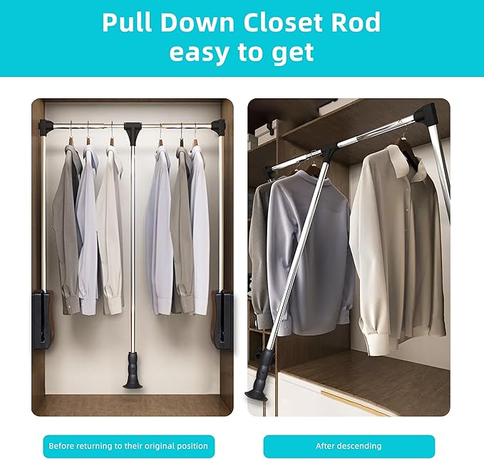 Pull Down Closet Rod 21"-26", Adjustable Side Mounted Closet for Kitchen Bedroom High Cabinets, Chrome, Two-Way Buffering Side, Heavy Duty Load Capacity