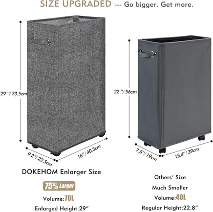 DOKEHOM 29-Inches Enlarged Slim Laundry Basket with Removable Wash Bag on Wheels, Collapsible Rolling Laundry Hamper, Foldable Narrow Corner Clothes Storage Bins (Linen Grey)