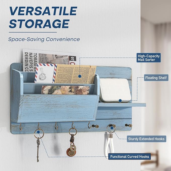 Rebee Vision Pine Wood Rustic Key Holder Wall Mount - Modern Key Holder for Wall with Mail Slot Can Store Letters and 8 Hooks Hanging Dog Leash - Apartment Essentials for Home Decor Aesthetic(Blue)