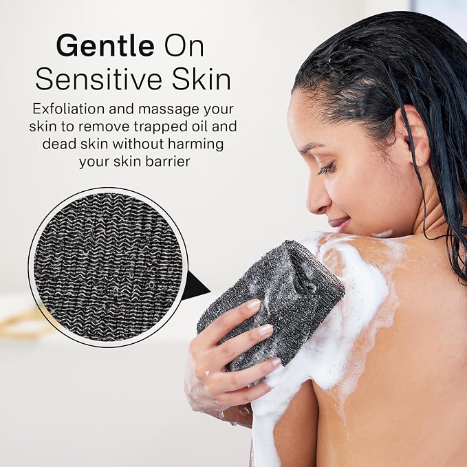 Yiclick Exfoliating Body Scrubber, Back Scrubber for Shower Bath, Japanese Scrub Wash Cloth, Exfoliating Washcloth Towel for Men Women, Body Exfoliator Loofah Luffa Sponge Net Rag Back Washer (Black)