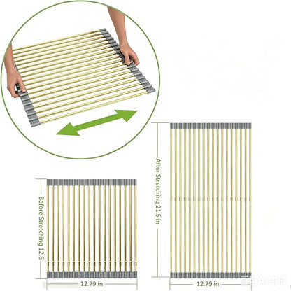 Expandable Large Draining Rack, Roll Up Heat-Resistant Dish Drainer for Stainless Steel Sinks, Collapsible Over The Sink Rack Non-Slip Silicone Rolling Up Rack Gold 18 Tube