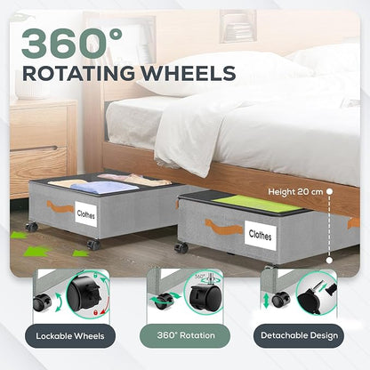 Under Bed Storage with Wheels, 2 Pack (36L Each)| Low Profile Storage Organizer with Clear Window, Double Zipper & 360° Locking Wheels – Rolling Metal Drawer for Clothes, Shoes, & More (Gray)
