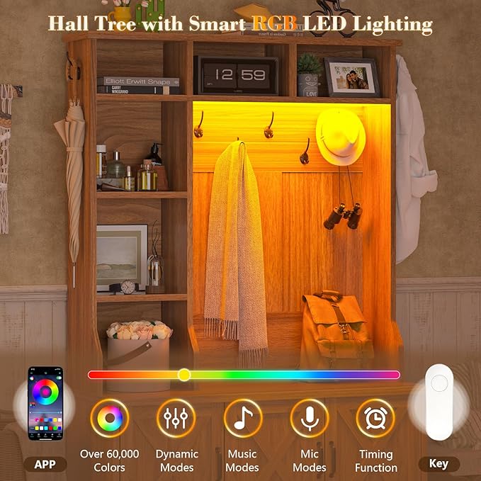 Hall Tree with Bench and Shoe Storage, Farmhouse Entryway Bench with Coat Racks and Led Lights, Tall Hall Tree with 7 Coat Hooks, 6 Storage Cubbies, Adjustable Shelf