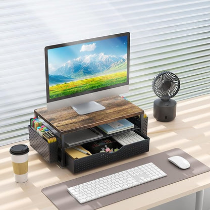 gianotter Wood Monitor Stand Riser, Office Desk Shelf Organizer, Desk Organizer with Drawer and Pen Holder, 2-Tier Computer Stand, Office Organization (Wood)