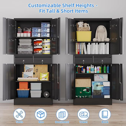 Metal Garage Storage Cabinet with 2 Drawers and 2 Adjustable Shelves, Rolling Tool Storage Cabinet with Wheels and Locking Doors for Garage, Warehouse, Black, Assembly Required