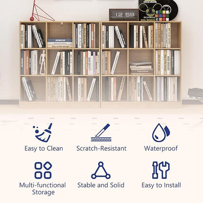 9-Cube Wooden Bookshelf with Base,3-Tier Freestanding Open Storage Organizer,Multi-Functional Bookcase for Living Room,Bedroom,Study and Office (Oak, 9-Cube)
