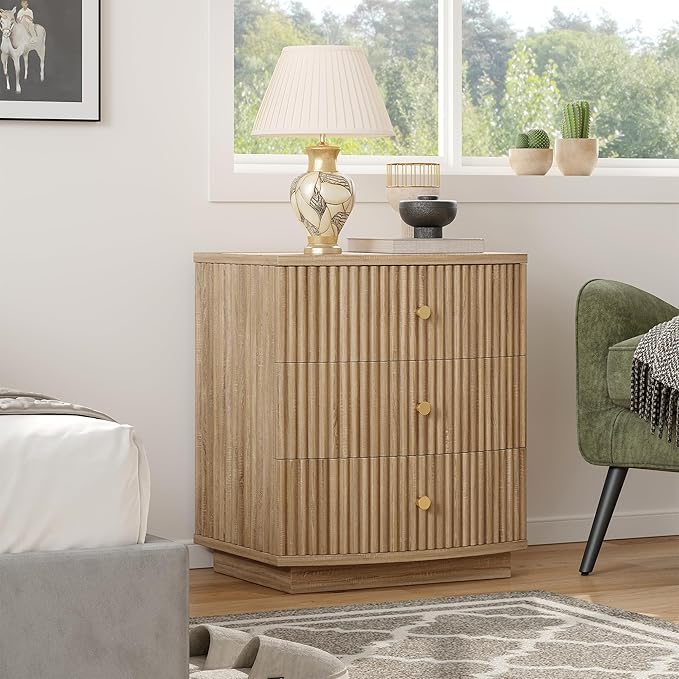 Dresser for Bedroom,6-Drawer Dresser, Mondern Wide Chest of Drawers with Fluted & Curved Design, Large Storage Chest for Bedroom, End Table for Living Rooms, （Natural*2）