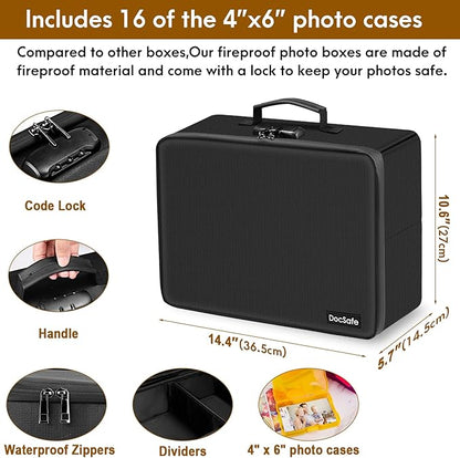 DocSafe Photo Storage Box with Lock,Fireproof Photo Organizer Box with 16 Inner 4" x 6" Photo Case(Multi-Colored),Collapsible Portable Photo Filing Safe Storage with Water-Resistant Zipper for Photos