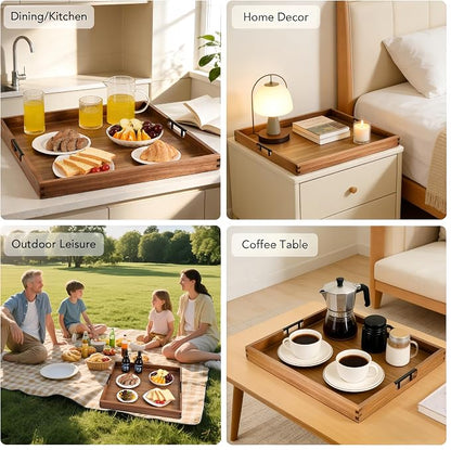 Joy&Grace Ottoman Tray for Living Room Large Acacia Wooden Serving Tray with Handles for Coffee Table, Breakfast in Bed, Food Dinner, Decorative Tray (Color Natural, 22" x 22" x 2")