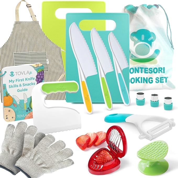 Tovla Jr Kids Safe Knife Set for Real Cooking | Complete Kids Cooking Set with Chopper, Peeler, Cutting Boards & Apron | Montessori Kitchen Tools | Ages 4 to 12