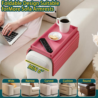 Bamboo Couch Arm Tray Table，Foldable Sofa Armrest Tray Table for Couch，Flexible and Anti-Slip Couch Arm Cup Holder，Portable Sofa Arm Chair Table for Drink,Cups, Eats，Snacks, Phone, Remote (Pink)