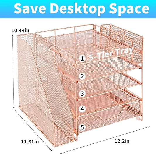 Desk Organizers and Accessories, 5-Tier Paper Letter Tray Organizer with File Holder, Drawer & Pen Holder, Office Desk Accessories, Desktop Organizer for Classroom Office Supplies, Rose Gold