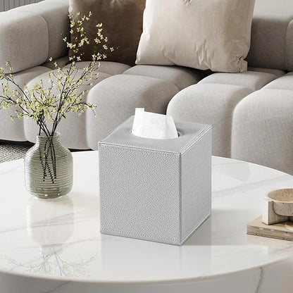 JLAMBOM PU Leather Tissue Box Cover Square Tissue Box Holder with Magnetic Closure, Decorative Tissue Holder for Bathroom Bedroom Office (Silver)